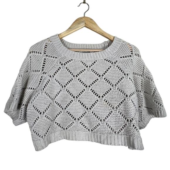 Forever 21 Open Knit Sweater Womens M Cream Cropped Diamond Boho Coastal Cowgirl - Picture 2 of 4